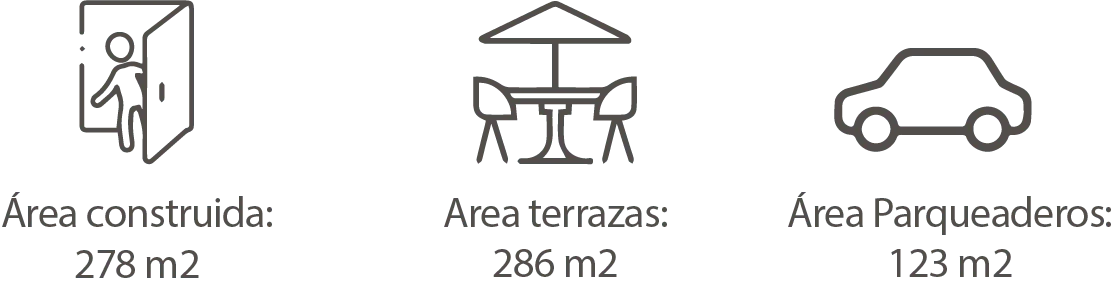 Área construida 278 metros cuadrados 
Área de terrazas 286 metros cuadrados 
Área de parqueaderos metros cuadrados 
